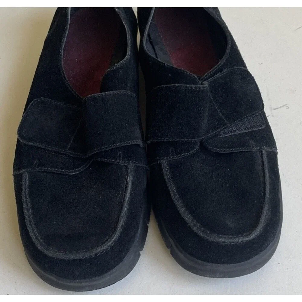 Aerosoles Black Suede Leather Chunky Loafers 8 Womens Cargo Slip Ons Hook & Loop